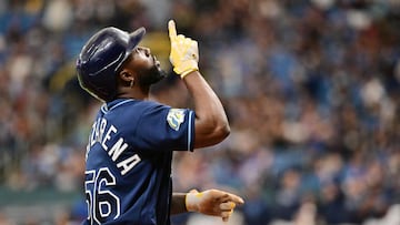 ST PETERSBURG, FLORIDA - APRIL 22: Randy Arozarena #56 of the Tampa Bay Rays react after hitting a two-run home run in the first inning against the Chicago White Sox at Tropicana Field on April 22, 2023 in St Petersburg, Florida.   Julio Aguilar/Getty Images/AFP (Photo by Julio Aguilar / GETTY IMAGES NORTH AMERICA / Getty Images via AFP)