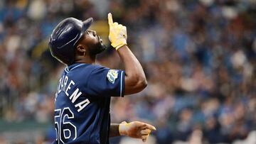 ST PETERSBURG, FLORIDA - APRIL 22: Randy Arozarena #56 of the Tampa Bay Rays react after hitting a two-run home run in the first inning against the Chicago White Sox at Tropicana Field on April 22, 2023 in St Petersburg, Florida. Julio Aguilar/Getty Images/AFP (Photo by Julio Aguilar / GETTY IMAGES NORTH AMERICA / Getty Images via AFP)