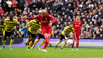 02 April 2022, United Kingdom, Liverpool: Liverpool&#039;s Fabinho scores his side&#039;s second goal from the penalty spot during the English Premier League soccer match between Liverpool and Watford at the Anfield Stadium. Photo: Peter Byrne/PA Wire/dpa