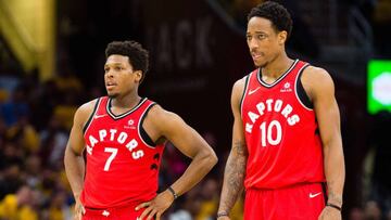 CLEVELAND, OH - MAY 7: Kyle Lowry #7 and DeMar DeRozan #10 of the Toronto Raptors wait for a free-throw during the second half of Game 4 of the second round of the Eastern Conference playoffs against the Cleveland Cavaliers at Quicken Loans Arena on May 7