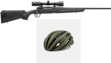 Imagen de un rifle de la marca Savage y un casco de la marca Giro, ambas propiedades de la matriz Vista Outdoor.