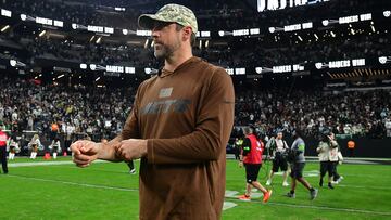 Nov 12, 2023; Paradise, Nevada, USA; New York Jets quarterback Aaron Rodgers reacts following the loss against the Las Vegas Raiders at Allegiant Stadium. Mandatory Credit: Gary A. Vasquez-USA TODAY Sports