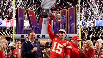 LAS VEGAS, NEVADA - FEBRUARY 11: Patrick Mahomes #15 of the Kansas City Chiefs holds the Lombardi Trophy after defeating the San Francisco 49ers 25-22 during Super Bowl LVIII at Allegiant Stadium on February 11, 2024 in Las Vegas, Nevada.   Jamie Squire/Getty Images/AFP (Photo by JAMIE SQUIRE / GETTY IMAGES NORTH AMERICA / Getty Images via AFP)