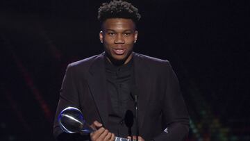 NBA player Giannis Antetokounmpo, of the Milwaukee Bucks, accepts the award for best male athlete at the ESPY Awards on Wednesday, July 10, 2019, at the Microsoft Theater in Los Angeles. (Photo by Chris Pizzello/Invision/AP)