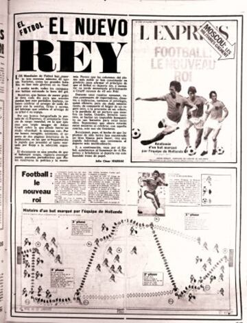 El nuevo rey. AS reprodujo el reportaje  del diario L'Express que dedicaba una página al nuevo rey del fútbol, Johan Cruyff. Una 'infografía' de la época, en uno de sus goles en el Mundial 1972 con la selección holandesa.
