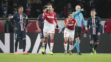 Islam SLIMING (AS Monaco) scored a goal after referee decision from video arbitrage, celebration, with Wissam BEN YEDDER (AS Monaco), Marcos Aoas Correa, Marquinhos (PSG), Thiago Silva (PSG), Marco Verratti (PSG) during the French championship L1 football