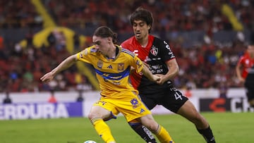 <br><br>
(I-D), Jose Abella de Tigres y Marcelo Flores de Tigres durante el partido Atlas vs Tigres UANL, correspondiente a la Jornada 08 del Torneo Apertura 2023 de la Liga BBVA MX, en el Estadio Jalisco, el 17 de Septiembre de 2023.