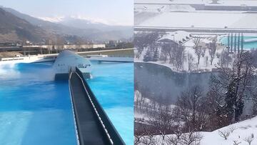 As&iacute; rompen las primeras olas en la piscina de olas de Ala&iuml;a Bay (Suiza), de la mano de Wavegarden Cove. A la derecha, nevada.