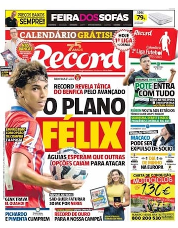 Portada del día del diario 'Récord' con João Félix en primera plana.