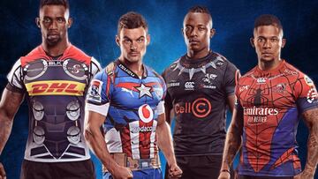 Imagen promocional del Super Hero Sunday Double Heade donde jugarán los Emirates Lions de Johannesburgo, los Cell C Sharks de Durban, los Vodacom Bulls de Pretoria y los DHL Stormes de Ciudad del Cabo.