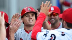 PITTSBURGH, PA - JUNE 12: Aledmys Diaz #36 of the St. Louis Cardinals celebrates with teammates after scoring during the third inning against the Pittsburgh Pirates on June 12, 2016 at PNC Park in Pittsburgh, Pennsylvania.   Joe Sargent/Getty Images/AFP
 == FOR NEWSPAPERS, INTERNET, TELCOS &amp; TELEVISION USE ONLY ==