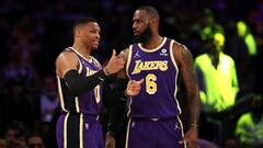 LeBron James and Russell Westbrook, during a Los Angeles Lakers NBA game.