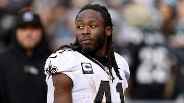 (FILES) Alvin Kamara, #41 of the New Orleans Saints, looks on against the Philadelphia Eagles during the second quarter at Lincoln Financial Field in Philadelphia, Pennsylvania, on January 01, 2023. New Orleans Saints rusher Alvin Kamara and Indianapolis Colts cornerback Chris Lammons were issued three-game suspensions on August 4, 2023, by the NFL for their roles in a 2022 Las Vegas nightclub fight. (Photo by Tim Nwachukwu / GETTY IMAGES NORTH AMERICA / AFP)