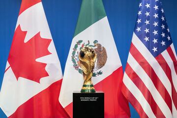 Fotografía de las banderas de Canadá, México y USA, con el trofeo de la Copa Mundial de la FIFA.