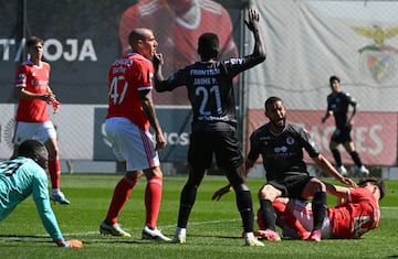 Jonata of UD Oliveirense challenges for the ball during the Liga 2 between Benfica B and UD Oliveirense at Estadio Benfica Campus on March 19, 2023 in Seixal, Portugal.