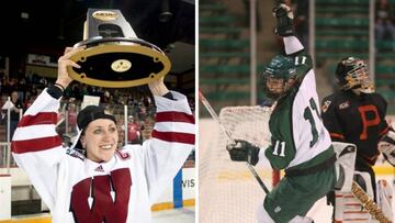 La estadounidense Meghan Duggan y la canadiense Gillian Apps jugando al hockey sobre hielo.