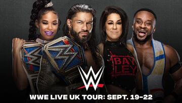 Bianca Belair, Roman Reigns, Bayley y Big E en el cartel promocional del tour de WWE en Reino Unido.