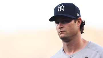 LOS ANGELES, CALIFORNIA - OCTOBER 25: Gerrit Cole #45 of the New York Yankees walks across the field before Game One of the 2024 World Series against the Los Angeles Dodgers at Dodger Stadium on October 25, 2024 in Los Angeles, California.   Maddie Meyer/Getty Images/AFP (Photo by Maddie Meyer / GETTY IMAGES NORTH AMERICA / Getty Images via AFP)
