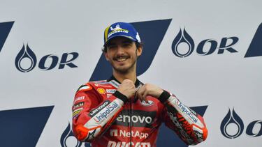 Third place Ducati Lenovo's Francesco Bagnaia on the podium during MotoGP race at Chang International Circuit on October 2, 2022 in Buriram, Thailand. (Photo by Vachira Vachira/NurPhoto via Getty Images)