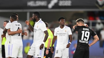 10 August 2022, Finland, Helsinki: Soccer: UEFA Super Cup, Real Madrid - Eintracht Frankfurt, final at Helsinki Olympic Stadium, Frankfurt's Rafael Santos Borré reacts after the defeat. Photo: Arne Dedert/dpa (Photo by Arne Dedert/picture alliance via Getty Images)