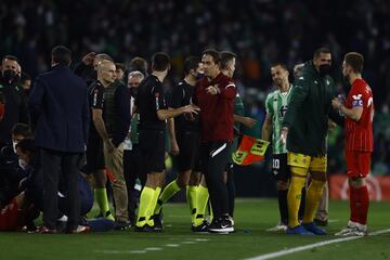 Tras el gol del empate de Fekir, Joan Jordán fue agredido desde la grada con el lanzamiento de un palo y el encuentro fue suspendido.