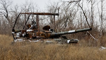 A view shows a tank destroyed in the course of Russia-Ukraine conflict in the town of Avdiivka (Avdeyevka) in the Donetsk region, Russian-controlled Ukraine, November 25, 2024. REUTERS/Alexander Ermochenko