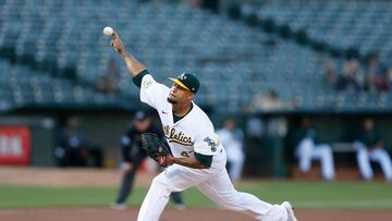 OAKLAND, CALIFORNIA - JULY 26: Frankie Montas #47 of the Oakland Athletics pitches in the top of the first inning against the Houston Astros at RingCentral Coliseum on July 26, 2022 in Oakland, California.   Lachlan Cunningham/Getty Images/AFP
== FOR NEWSPAPERS, INTERNET, TELCOS & TELEVISION USE ONLY ==