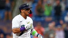 Jun 25, 2022; St. Petersburg, Florida, USA; Tampa Bay Rays shortstop Isaac Paredes (17) celebrates after hitting a walk off single against the Pittsburgh Pirates in the ninth inning at Tropicana Field. Mandatory Credit: Nathan Ray Seebeck-USA TODAY Sports