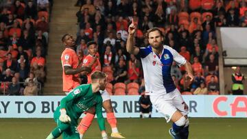 BLACKPOOL, ENGLAND - AUGUST 31: Blackburn Rovers' Ben Brereton Diaz celebrates scoring his side's first goal in the 16th minute to make the score 0-1
during the Sky Bet Championship between Blackpool and Blackburn Rovers at Bloomfield Road on August 31, 2022 in Blackpool, United Kingdom. (Photo by Lee Parker - CameraSport via Getty Images)