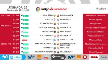 LaLiga ha dado a conocer las fechas de los partidos que se disputar&aacute;n del fin de semana entre el 21 y el 23 de febrero de 2020: Levante-Madrid, Bar&ccedil;a-Eibar...