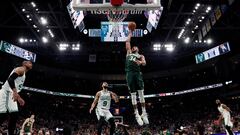 May 13, 2022; Milwaukee, Wisconsin, USA;  Milwaukee Bucks forward Giannis Antetokounmpo (34) dunks during the fourth quarter against the Boston Celtics during game six of the second round for the 2022 NBA playoffs at Fiserv Forum. Mandatory Credit: Jeff Hanisch-USA TODAY Sports