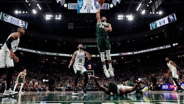 May 13, 2022; Milwaukee, Wisconsin, USA;  Milwaukee Bucks forward Giannis Antetokounmpo (34) dunks during the fourth quarter against the Boston Celtics during game six of the second round for the 2022 NBA playoffs at Fiserv Forum. Mandatory Credit: Jeff Hanisch-USA TODAY Sports