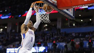 Apr 2, 2019; Oklahoma City, OK, USA; Oklahoma City Thunder guard Russell Westbrook (0) dunks the ball as Los Angeles Lakers guard Reggie Bullock (35) looks on during the second half at Chesapeake Energy Arena. Oklahoma City won 119-103. Mandatory Credit: Alonzo Adams-USA TODAY Sports