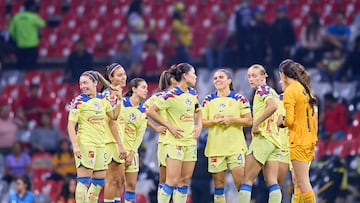 Katty Martinez, Karen Luna, Aylin Avilez, Kiana Palacios, Andrea Pereira, Sarah Luebbert of America during the semifinals first leg match between America and Tigres UANL as part of the Torneo Clausura 2024 Liga MX Femenil at Azteca Stadium, on May 17, 2024 in Mexico City, Mexico.