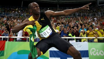 Usain Bolt of Jamaica celebrates after winning the Men's 4 x 100m Relay Final on Day 14 of the Rio 2016 Olympic Games at the Olympic Stadium on August 19, 2016 in Rio de Janeiro, Brazil.