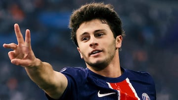 MARSEILLE, FRANCE - OCTOBER 27: Joao Neves of PSG celebrates his goal during the football Ligue 1 match between Olympique de Marseille (OM) and Paris Saint-Germain (PSG) at Stade Velodrome on October 27, 2024 in Marseille, France. (Photo by Jean Catuffe/Getty Images)