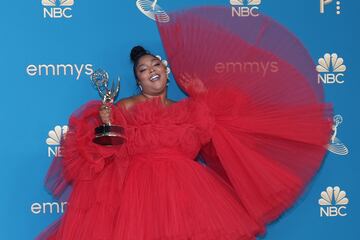 Lizzo poses with her award for Outstanding Competition Program for "Lizzo's Watch Out for the Big Grrrls"