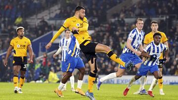 Wolverhampton Wanderers&#039; Romain Saiss scores during the English Premier League soccer match between Crystal Palace and Southampton at Selhurst Park, London, Wednesday Dec. 15, 2021. (Adam Davy/PA via AP)