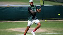 LONDON, ENGLAND - JULY 07: Nick Kyrgios of Australia trains on a practice court on day eleven of The Championships Wimbledon 2022 at All England Lawn Tennis and Croquet Club on July 07, 2022 in London, England. (Photo by Shaun Botterill/Getty Images)