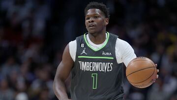 DENVER, COLORADO - APRIL 25: Anthony Edwards #1 of the Minnesota Timberwolves brings the ball down the court against the Denver Nuggets in the first quarter during Round 1 Game 5 of the NBA Playoffs at Ball Arena on April 25, 2023 in Denver, Colorado. NOTE TO USER: User expressly acknowledges and agrees that, by downloading and/or using this photograph, User is consenting to the terms and conditions of the Getty Images License Agreement.   Matthew Stockman/Getty Images/AFP (Photo by MATTHEW STOCKMAN / GETTY IMAGES NORTH AMERICA / Getty Images via AFP)