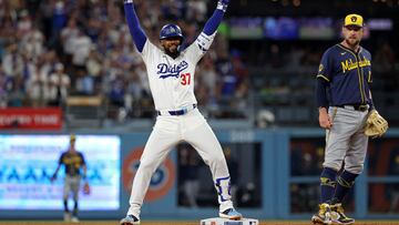 Jul 5, 2024; Los Angeles, California, USA;  Los Angeles Dodgers right fielder Teoscar Hernandez (37) reacts after hitting an RBI double during the eighth inning against the Milwaukee Brewers at Dodger Stadium. Mandatory Credit: Kiyoshi Mio-USA TODAY Sports