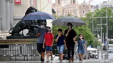 Imagen de una familia paseando frente al Congreso de los Diputados, portando dos paraguas y mascarillas.