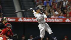 ANAHEIM, CALIFORNIA - AUGUST 29: Aaron Judge #99 of the New York Yankees hits his 50th home run of the season against the Los Angeles Angels during the eighth inning at Angel Stadium of Anaheim on August 29, 2022 in Anaheim, California.   Michael Owens/Getty Images/AFP
== FOR NEWSPAPERS, INTERNET, TELCOS & TELEVISION USE ONLY ==