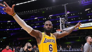 Jan 16, 2023; Los Angeles, California, USA; Los Angeles Lakers forward LeBron James (6) celebrates at the end of the game against the Houston Rockets at Crypto.com Arena. Mandatory Credit: Kirby Lee-USA TODAY Sports