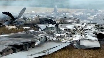 A view of debris of a downed Russian military plane, purportedly shot down by Wagner troops, in a field near Bugaevka, Voronezh Region, Russia, June 24, 2023, in this screengrab obtained from a social media video. Video Obtained by Reuters/via Reuters THIS IMAGE HAS BEEN SUPPLIED BY A THIRD PARTY. NO RESALES. NO ARCHIVES.  MANDATORY CREDIT.