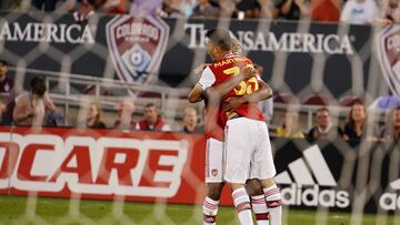 Arsenal midfielder Gabriel Martinelli (35) celebrates a goal against the Colorado Rapids with teammate Dominic Thompson (60) during the second half of an international friendly soccer match, Monday, July 15, 2019, in Commerce City, Colo. (AP Photo/Jack De