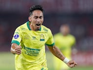 AME566. CALI (COLOMBIA), 05/03/2026.- Fabián Sambueza de Bucaramanga celebra un gol este jueves, durante un partido de la primera fase de la Copa Sudamericana entre América y Bucaramanga en el estadio Pascual Guerrero en Cali (Colombia). EFE/ Ernesto Guzmán