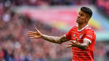 Munich (Germany), 13/05/2023.- Joao Cancelo of FC Bayern Munich reacts during the German Bundesliga soccer match between FC Bayern Munich and FC Schalke 04 in Munich, Germany, 13 May 2023. (Alemania) EFE/EPA/ANNA SZILAGYI CONDITIONS - ATTENTION: The DFL regulations prohibit any use of photographs as image sequences and/or quasi-video.
