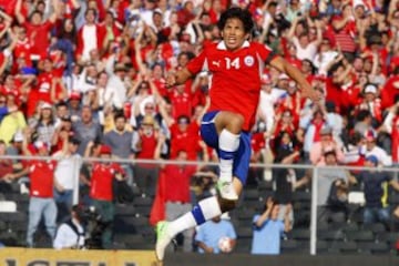 Futbol, Chile vs Colombia. 
Eliminatorias a Brasil 2014. 
El jugador de Chile Matias Fernandez  celebra su gol contra Colombia durante el partido jugado por las eliminatorias a Brasil 2014 jugado en el estadio Monumental.
Santiago, Chile. 