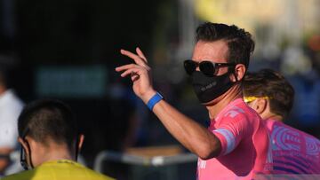 NICE, FRANCE - AUGUST 27: Rigoberto Uran of Colombia and Team EF Pro Cycling / Mask / Covid safety measures / during the 107th Tour de France 2020, Team Presentation in Place Massena on Nice / #TDF2020 / @LeTour / on August 27, 2020 in Nice, France. (Photo by Tim de Waele/Getty Images)